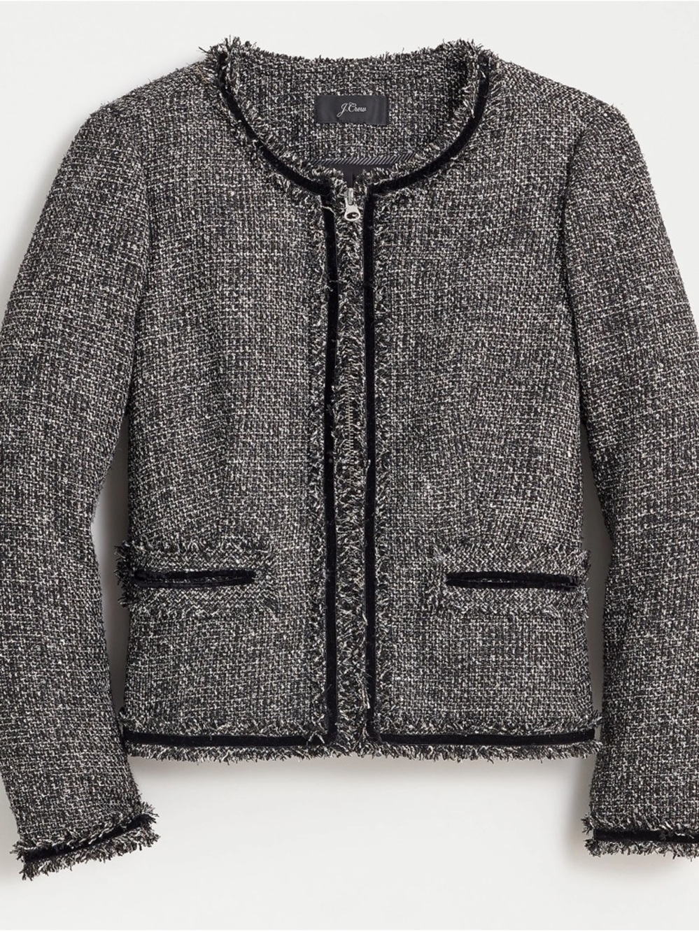 J. Crew Lady Metallic Black & White Tweed Fringe Collarless Blazer - Picture 2 of 8